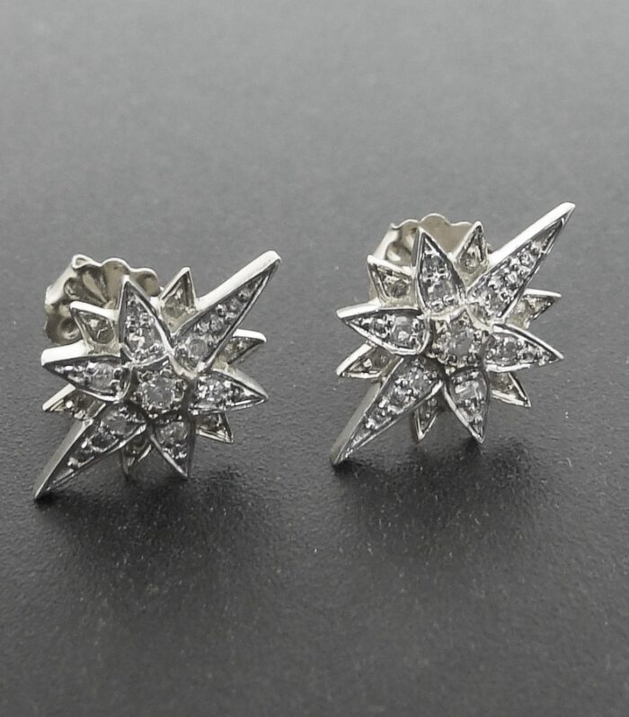 Par de Brincos Estrela de Ouro Branco com 12 Diamantes Totalizando 14 pts