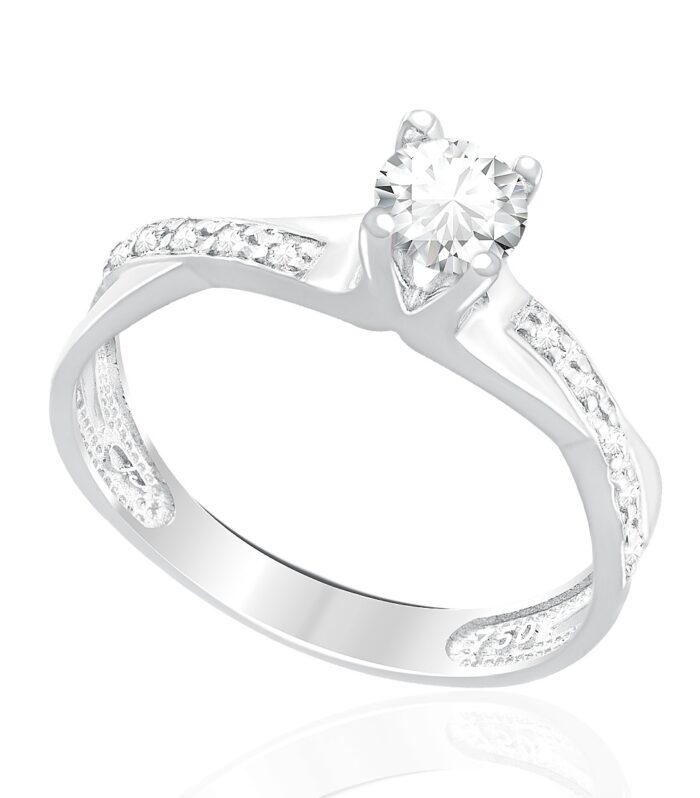 Anel Solitario Trançado de Ouro Branco com Diamantes Laterais e Diamante Central de 50 pts.